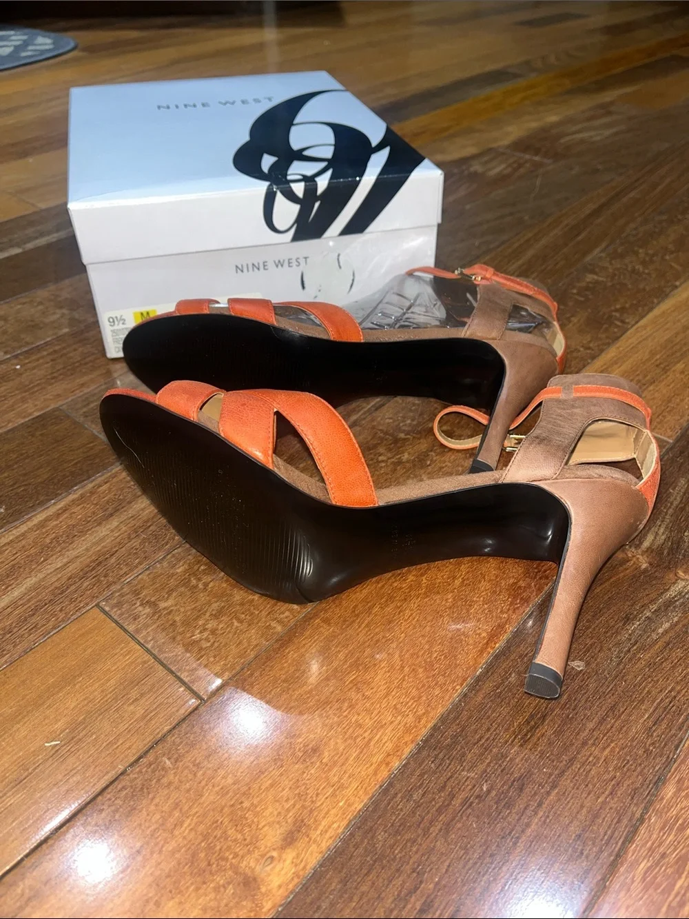 New In Box Size 9 1/2 Nine West Orange and Brown Ankle-Strap Heeled Sandals - Picture 5 of 5